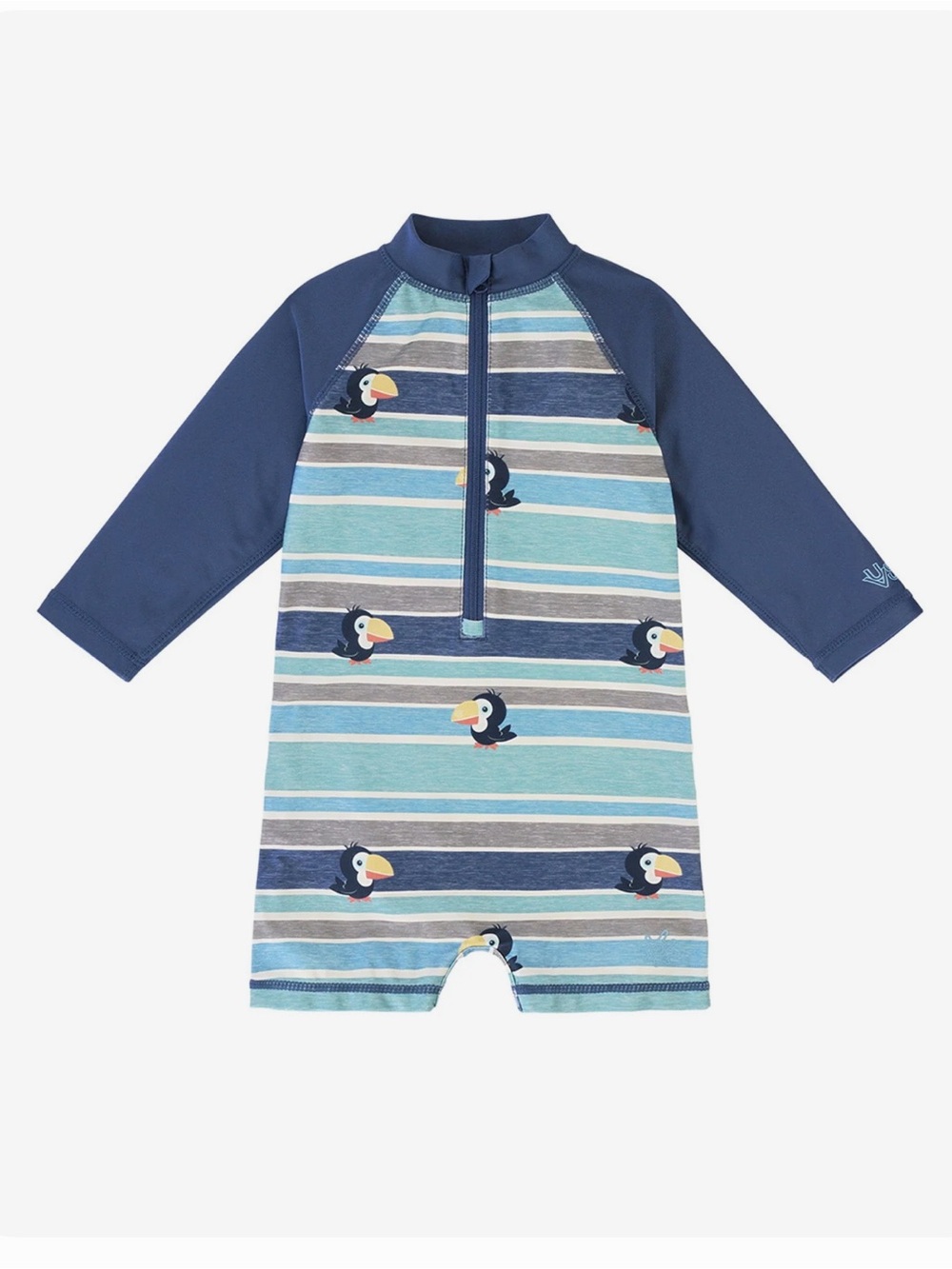 UV Skinz Baby Boy’s Long Sleeve Swim Romper in Blue Stripe with Toucan Print